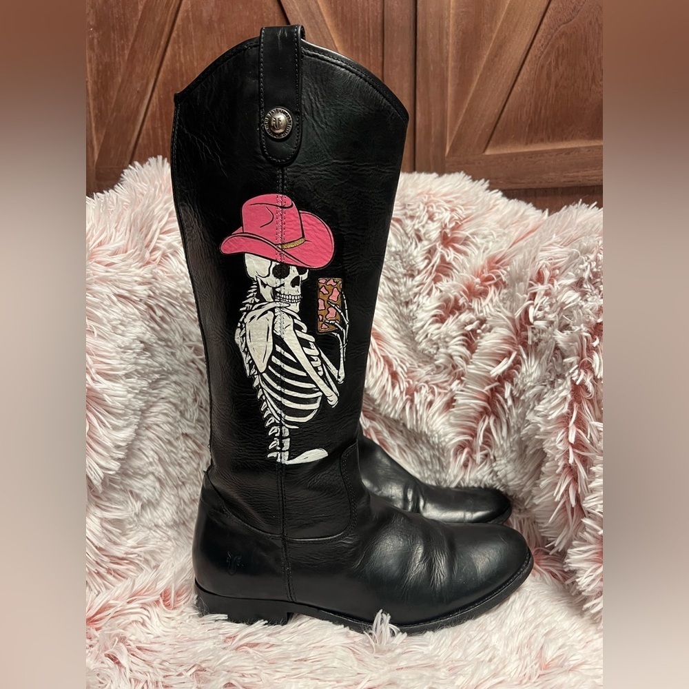 Women's Frye Boots hand painted Black Pink size 9, western, cowgirl